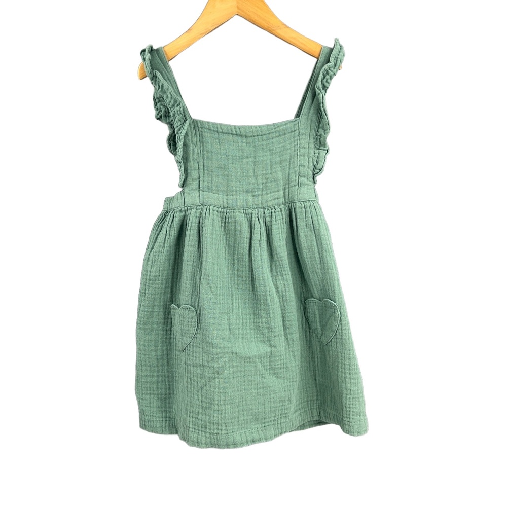 Baby Boden Dress Green Gauzy Heart Shaped Pockets Ruffle Straps‎ 2/3Y